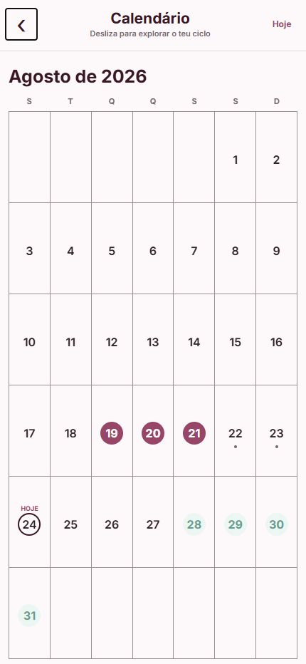 Calendário mensal da Neia com período e janela fértil