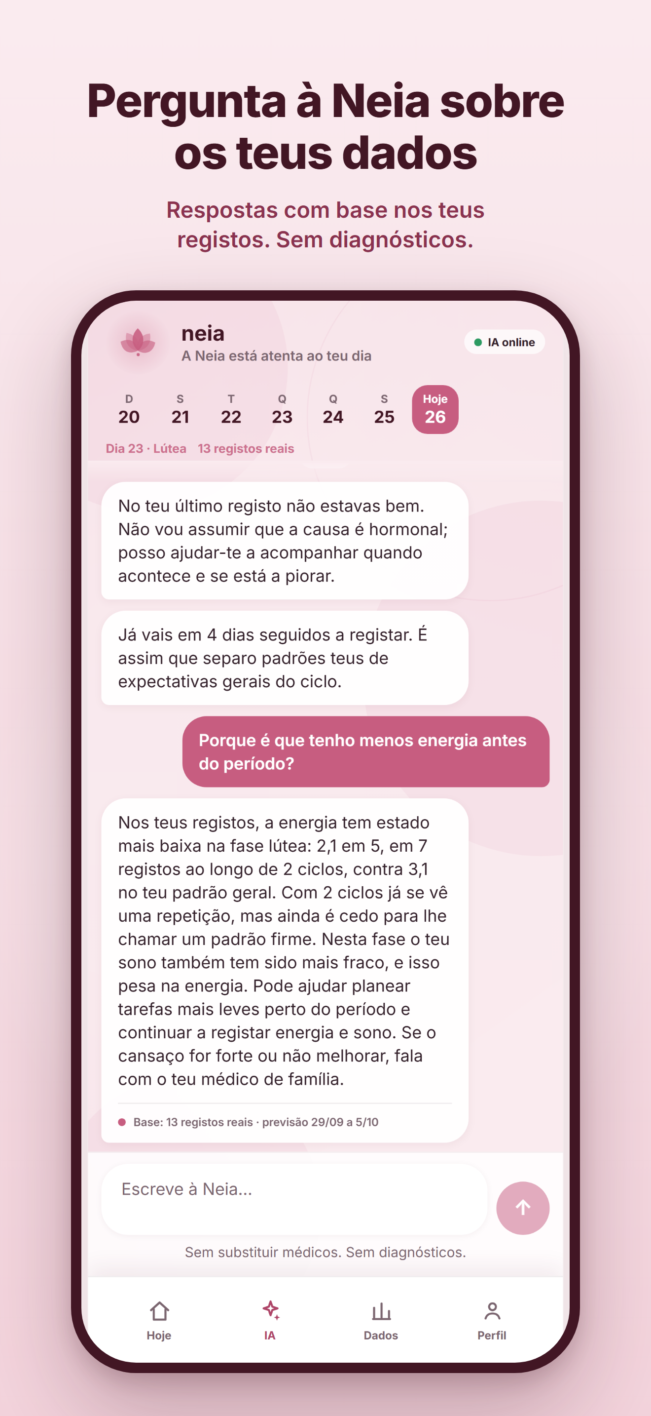 Conversa de exemplo com a Neia sobre energia e os registos da utilizadora