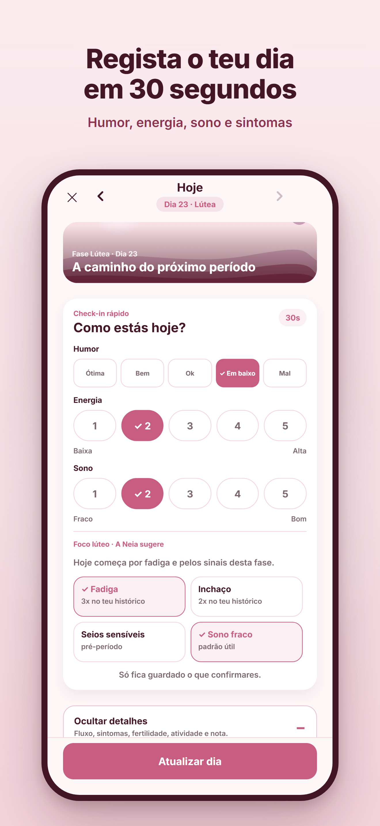 Registo diário gratuito de humor, energia e sono na Neia